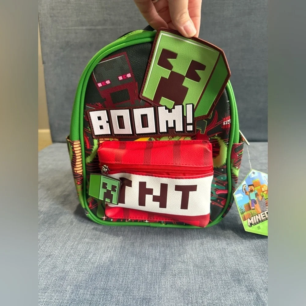 Minecraft Explosion TNT Women’s 10” Mini Backpack Green Pockets Keychain New